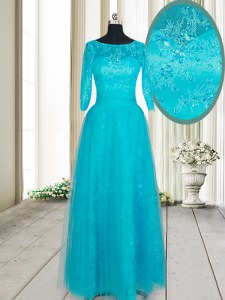 Scoop Teal Empire Beading and Lace and Appliques Prom Party Dress Zipper Tulle Half Sleeves Floor Length