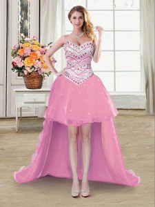 Modern Pink A-line Sweetheart Sleeveless Organza High Low Lace Up Beading Prom Gown