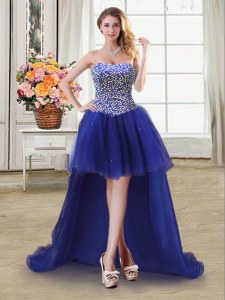 Best Selling Sleeveless Tulle High Low Lace Up Evening Dress in Royal Blue with Beading