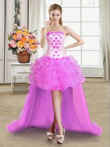 Lilac Strapless Neckline Beading and Appliques and Ruffles Prom Party Dress Sleeveless Lace Up