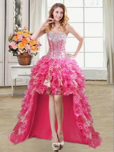 Hot Pink Ball Gowns Beading and Ruffles and Sequins Prom Party Dress Lace Up Organza Sleeveless High Low