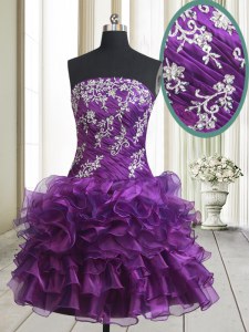 Purple Prom Evening Gown Prom and Party and For with Beading and Ruffled Layers Strapless Sleeveless Lace Up