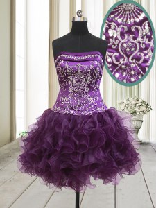 Eye-catching Dark Purple Cocktail Dress Prom and Party and For with Beading and Ruffles Strapless Sleeveless Lace Up