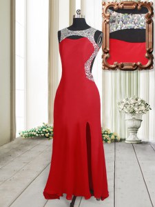 Glittering Scoop Red Backless Prom Dresses Beading Sleeveless Brush Train