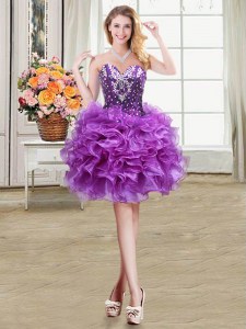 Sweetheart Sleeveless Prom Party Dress Mini Length Beading and Ruffles Eggplant Purple Organza
