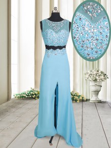 Customized Aqua Blue Zipper Scoop Beading Prom Evening Gown Chiffon Sleeveless