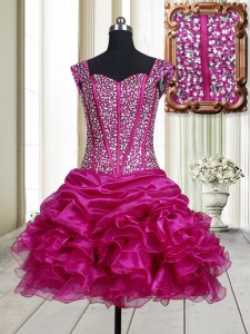 Fuchsia Straps Neckline Beading and Ruffles Prom Evening Gown Sleeveless Lace Up