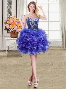 Blue Ball Gowns Organza Sweetheart Sleeveless Beading and Ruffles Mini Length Lace Up Prom Dress