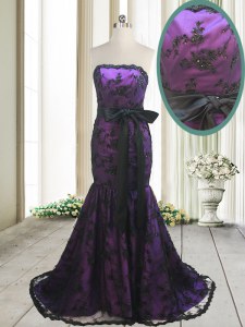 Mermaid Purple Sleeveless Satin and Lace Sweep Train Lace Up Dress for Prom for Prom and Party