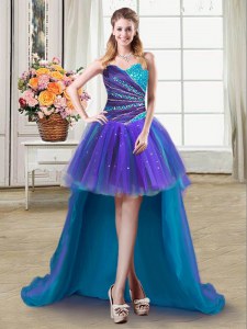 Beautiful Beading and Ruffles Prom Gown Multi-color Lace Up Sleeveless High Low