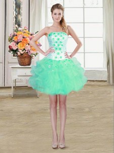 Mini Length Turquoise Prom Gown Organza Sleeveless Beading and Appliques and Ruffles