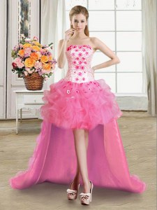 Ball Gowns Prom Gown Rose Pink Strapless Organza Sleeveless High Low Lace Up