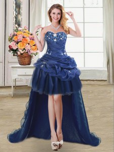 Low Price Beading and Appliques and Pick Ups Prom Evening Gown Navy Blue Lace Up Sleeveless High Low