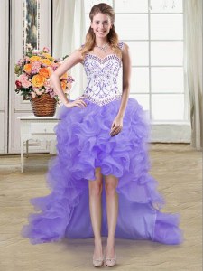 Straps Sleeveless Organza High Low Lace Up Prom Gown in Lavender with Beading and Ruffles