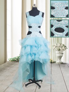 High Quality Organza Straps Sleeveless Criss Cross Beading and Ruffled Layers Prom Dresses in Aqua Blue