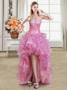 Custom Fit Sequins Sweetheart Sleeveless Lace Up Prom Gown Pink Organza