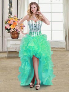 High Quality Turquoise Organza Lace Up Sweetheart Sleeveless High Low Prom Party Dress Beading and Ruffles