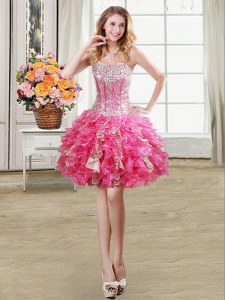 Nice Sleeveless Organza Mini Length Lace Up Dress for Prom in Hot Pink with Beading and Ruffles and Sequins