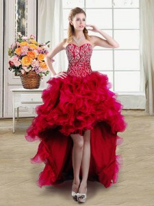 Spectacular Red Organza Lace Up Prom Gown Sleeveless High Low Beading and Ruffles