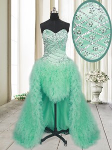 Apple Green Lace Up Dress for Prom Beading and Ruffles Sleeveless With Brush Train