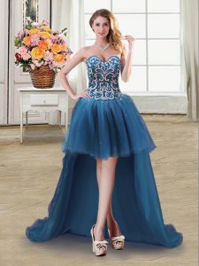 Fashionable Sweetheart Sleeveless Prom Party Dress High Low Beading and Sequins Teal Tulle