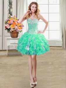 Stunning Sweetheart Sleeveless Club Wear Mini Length Beading and Ruffles and Sequins Turquoise Organza