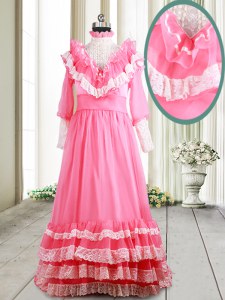 Ruffled Pink Long Sleeves Chiffon Brush Train Zipper Prom Party Dress for Prom