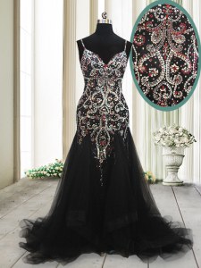 Mermaid Black Sleeveless Tulle Brush Train Zipper Dress for Prom for Prom and Party