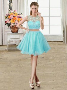 Wonderful Aqua Blue Dress for Prom Prom and Party and For with Beading Scoop Sleeveless Zipper