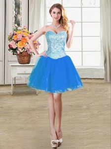 Exquisite Blue Sleeveless Beading Mini Length Prom Dress
