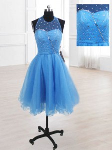 Baby Blue Lace Up High-neck Sequins Prom Gown Organza Sleeveless