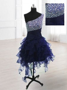 Organza One Shoulder Sleeveless Lace Up Beading Prom Evening Gown in Navy Blue