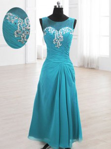 Noble Scoop Teal Chiffon Lace Up Prom Dresses Sleeveless Floor Length Beading and Ruching