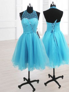 Luxurious Baby Blue Prom Dress Prom and Party and For with Ruffles High-neck Sleeveless Lace Up