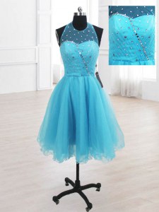 Romantic Baby Blue Lace Up Dress for Prom Sequins Sleeveless Knee Length