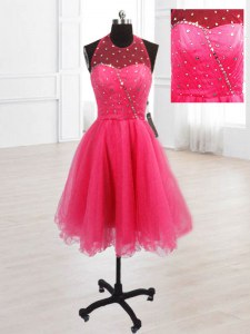 Sequins Hot Pink Lace Up Sleeveless Knee Length