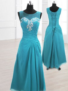 Excellent Teal Prom and Party and For with Beading and Ruching Scoop Sleeveless Lace Up