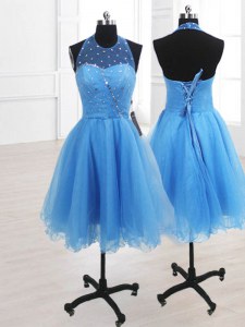 Stylish Knee Length Baby Blue Prom Evening Gown Organza Sleeveless Sequins