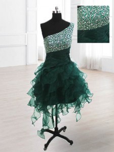 Peacock Green A-line Organza One Shoulder Sleeveless Beading and Ruffles Knee Length Lace Up