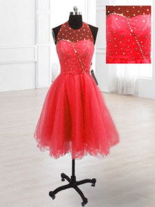 Hot Selling Coral Red Sleeveless Knee Length Sequins Lace Up Prom Dresses