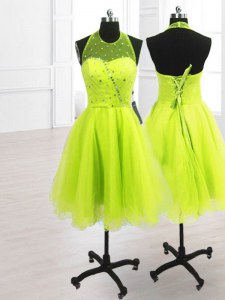 Superior Sequins A-line Prom Gown Yellow Green High-neck Organza Sleeveless Knee Length Lace Up