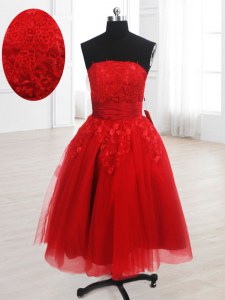 Modest Red Prom Dress Prom and Party and For with Embroidery Strapless Sleeveless Lace Up