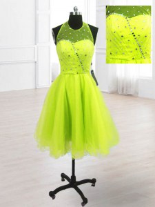 Exceptional High-neck Sleeveless Dress for Prom Knee Length Sequins Yellow Green Organza