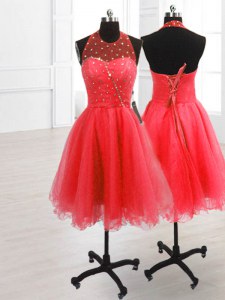 Watermelon Red Organza Lace Up Prom Evening Gown Sleeveless Knee Length Sequins