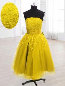 Wonderful Yellow Lace Up Strapless Embroidery Prom Dresses Organza Sleeveless
