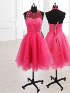 Hot Pink Sleeveless Knee Length Sequins Lace Up Prom Gown