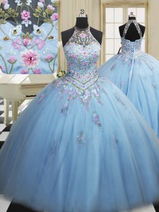 Light Blue Lace Up High-neck Embroidery Quinceanera Gowns Tulle Sleeveless