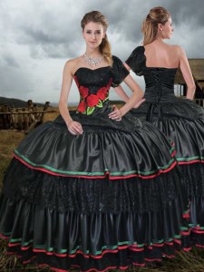 Black Ball Gowns One Shoulder Sleeveless Taffeta With Train Sweep Train Lace Up Embroidery Vestidos de Quinceanera