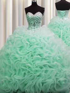 Admirable Brush Train Fabric With Rolling Flowers Sweetheart Sleeveless Lace Up Beading and Pick Ups 15th Birthday Dress in Apple Green