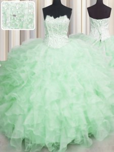Amazing Scalloped Visible Boning Apple Green Sleeveless Organza Lace Up Quinceanera Dresses for Military Ball and Sweet 16 and Quinceanera